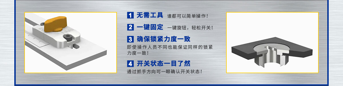 無需工具 一鍵固定 確保鎖緊力度一致 開關(guān)狀態(tài)一目了然